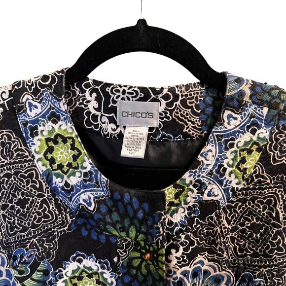 Chico's Black Floral Button Front Jackets Size Small Sequins Beaded Cotton - Picture 2 of 11